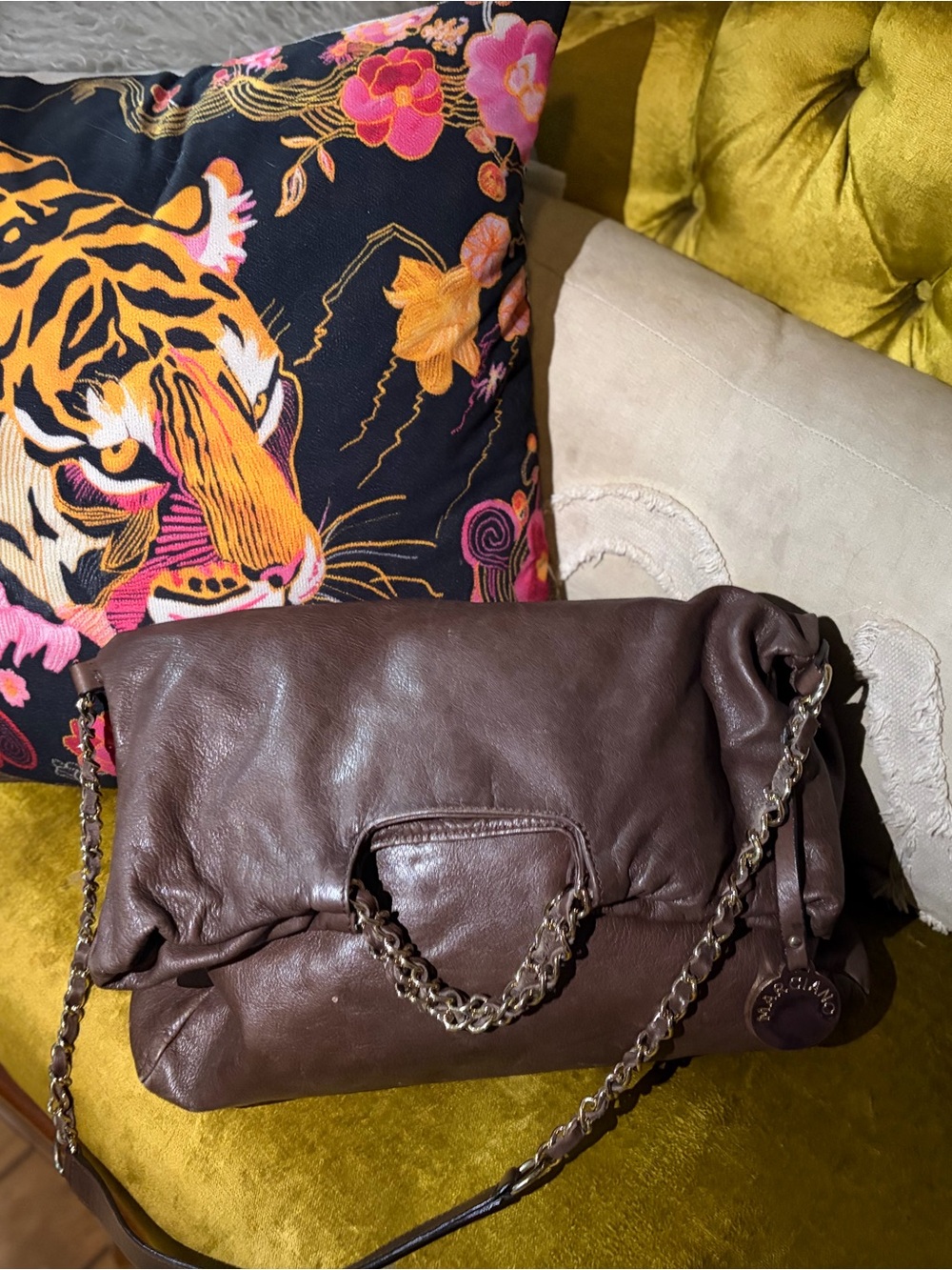 Marciano Chocolate Brown Leather Shoulder Bag with Chain Strap